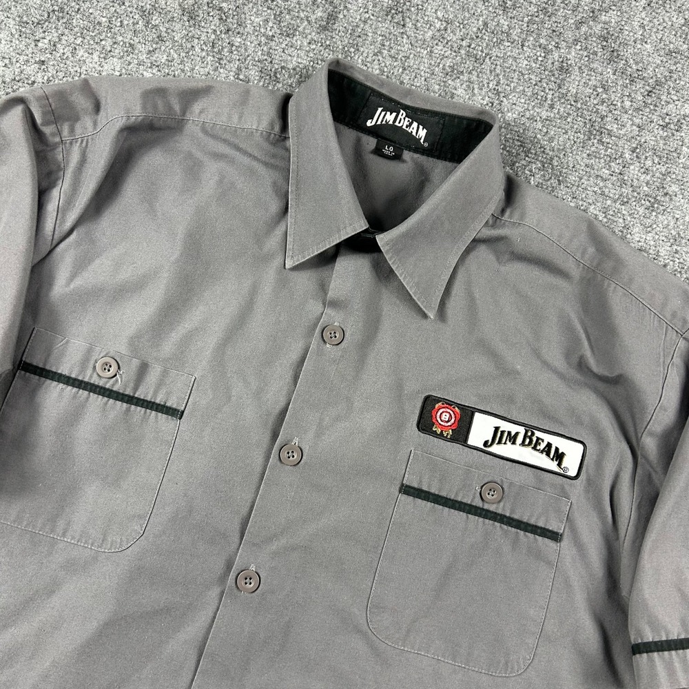 Jim Beam Button Up Shirt Mens Large Gray‎ Embroidered Whiskey Workwear Logo LG